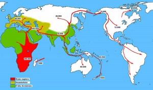 Flusso migratorio dall'Africa  nel resto del mondo dell'Homo sapiens